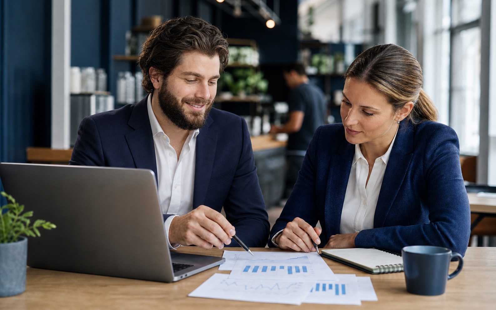 Andrew Hutchison and a client reviewing business performance in a modern office