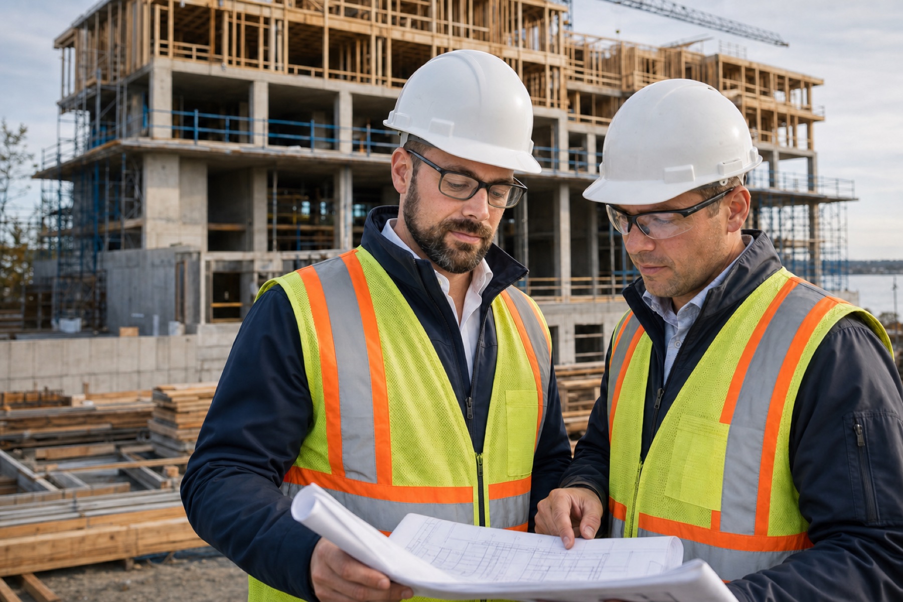 Matt Legatto and a construction professional reviewing plans at an active development site